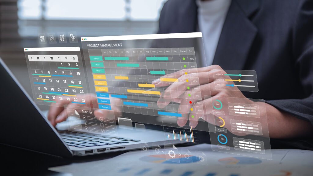 Project management and workflow scheduling interface. A business professional analyzing Gantt charts, tracking progress, and managing task execution through a digital strategy dashboard.